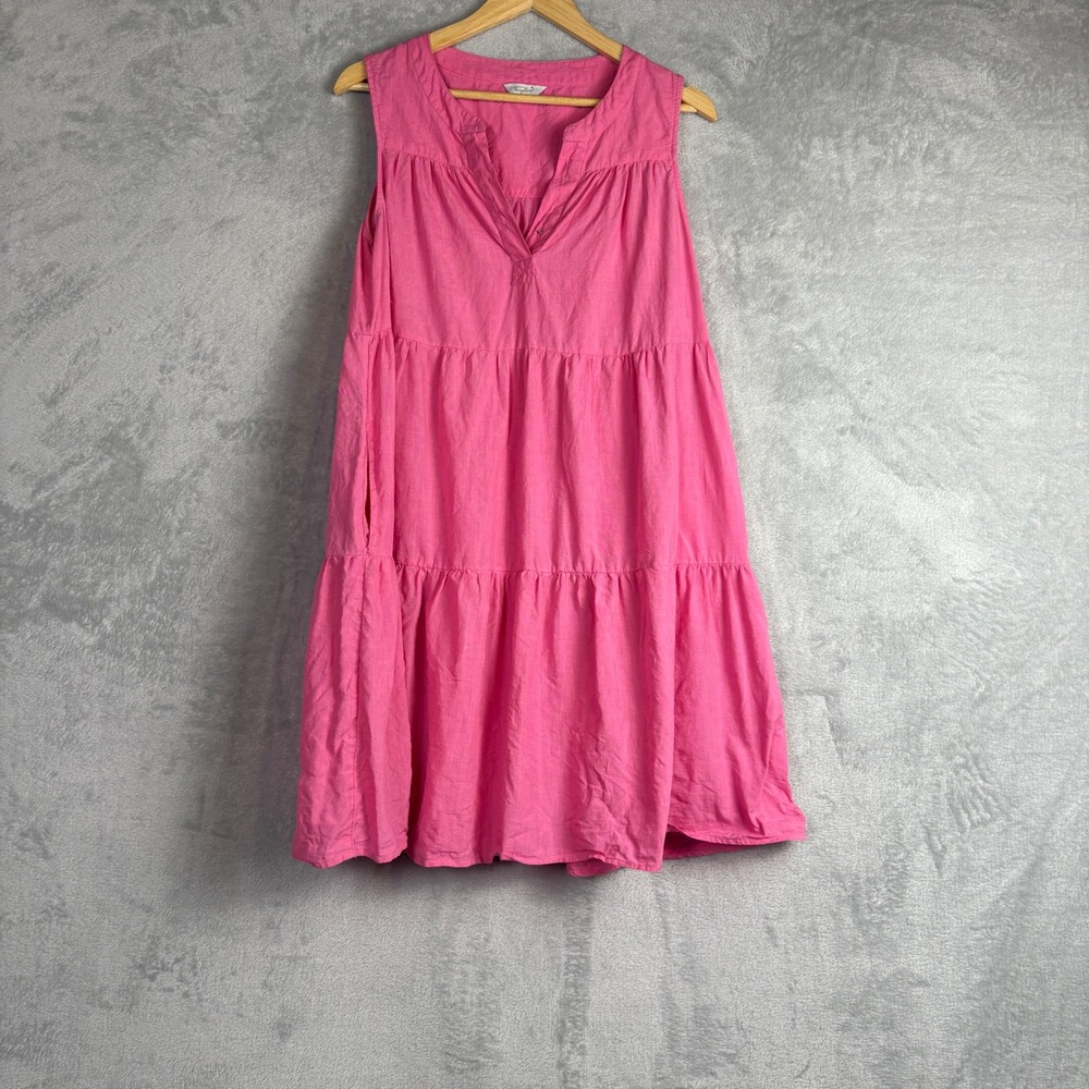 100% Linen Pink Tiered‎ Sleeveless Mini Dress Pockets Womens Size M/L Summer